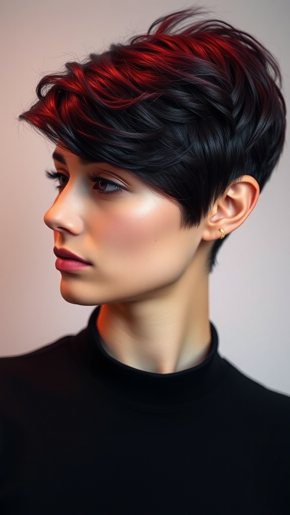 A model with short hair styled in a deep plum color, showcasing texture and shine against a neutral background.