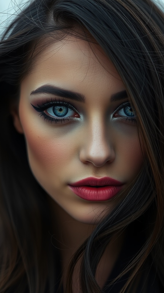 A close-up of a model with blue eyes and brunette hair featuring deep plum and silver makeup.