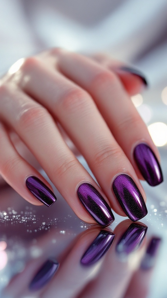 Close-up of deep purple metallic nails reflecting light.