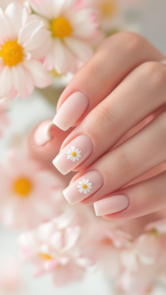 A close-up of a hand with pastel nails adorned with daisy designs, surrounded by soft pink flowers.