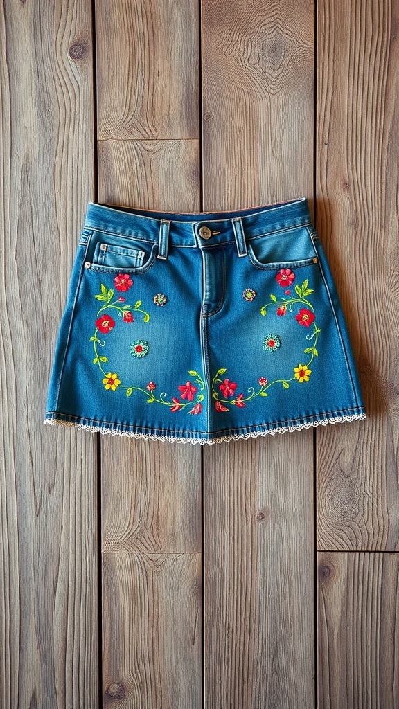 Denim mini skirt with colorful embroidered flowers displayed on a wooden surface.