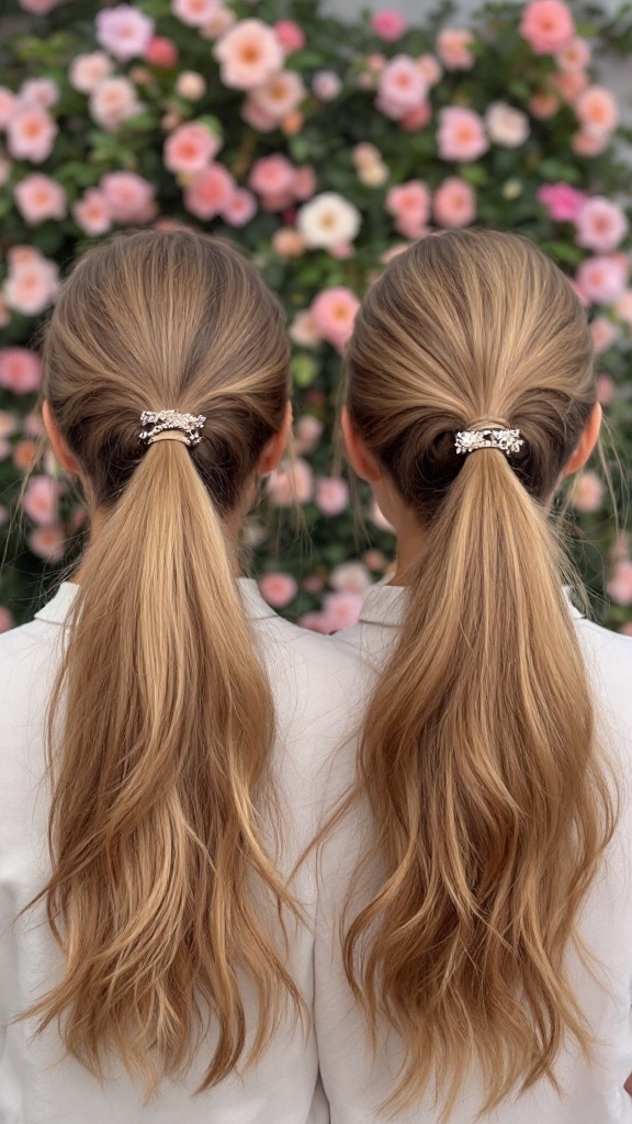 Two girls with double ponytails secured by colorful clips, standing in front of blooming flowers.