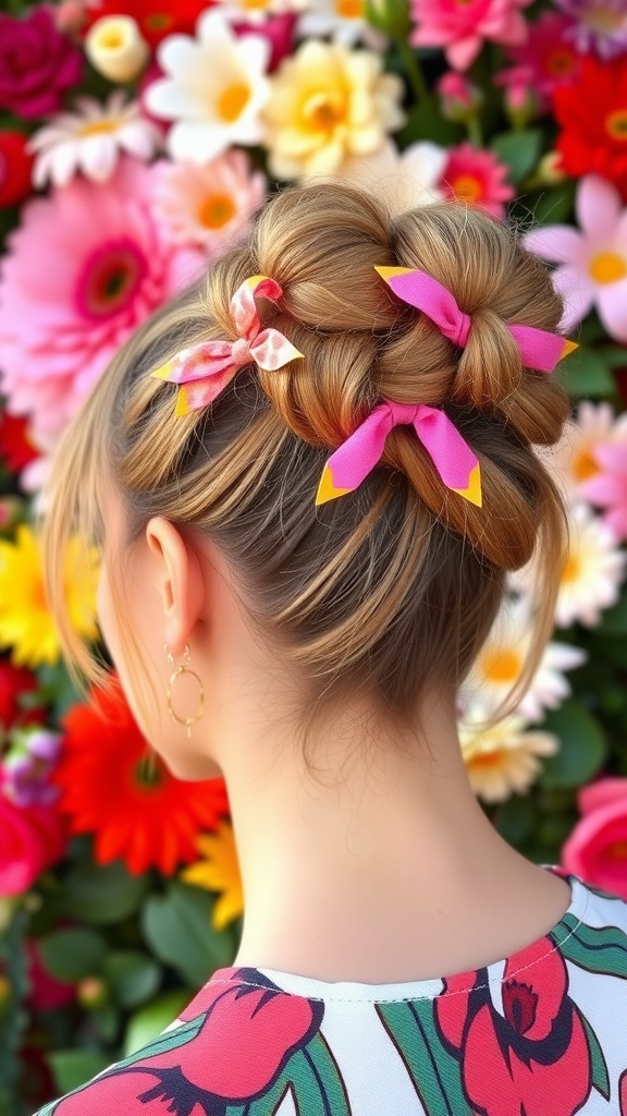 A girl with double twist buns secured with colorful bows, set against a floral background.