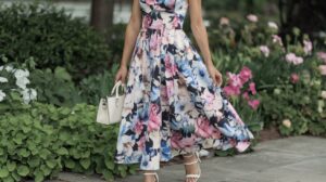 A photo of a woman wearing a dressy spring outfit. She is wearing a floral dress with a mix of pink, blue, and white flowers. The dress has a sweetheart neckline and is sleeveless. The woman is wearing a pair of white sandals and a white handbag. The background is a lush green garden with various flowers.