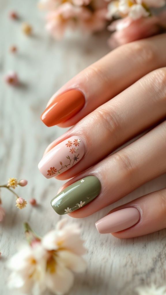 Nails painted in natural tones with floral designs, surrounded by flowers