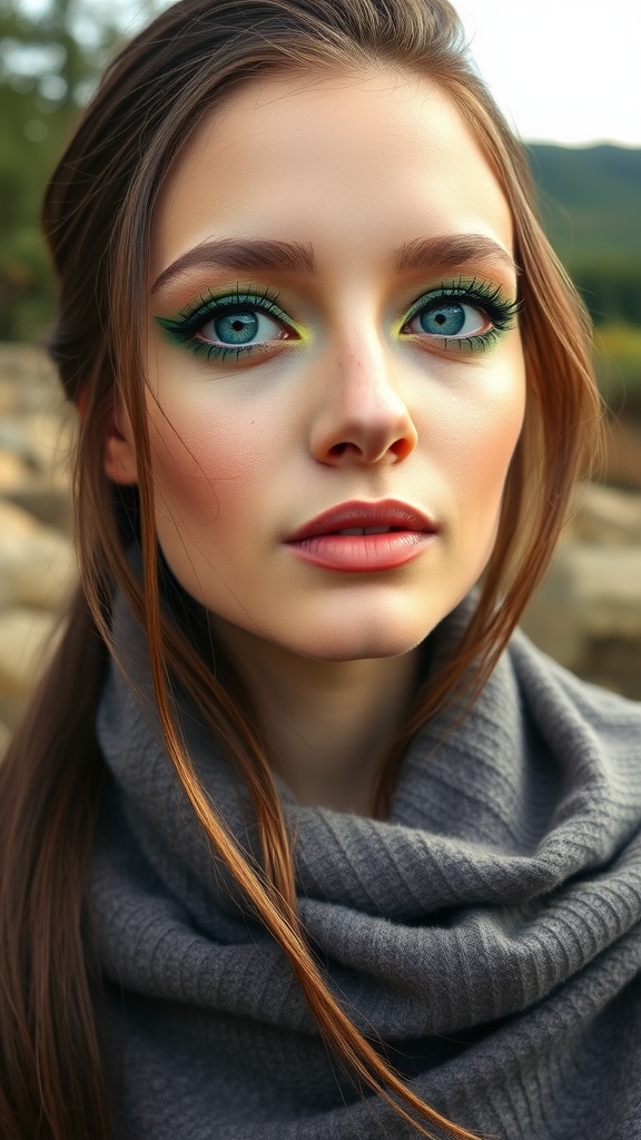 A close-up of a woman with blue eyes and earthy green makeup accents.