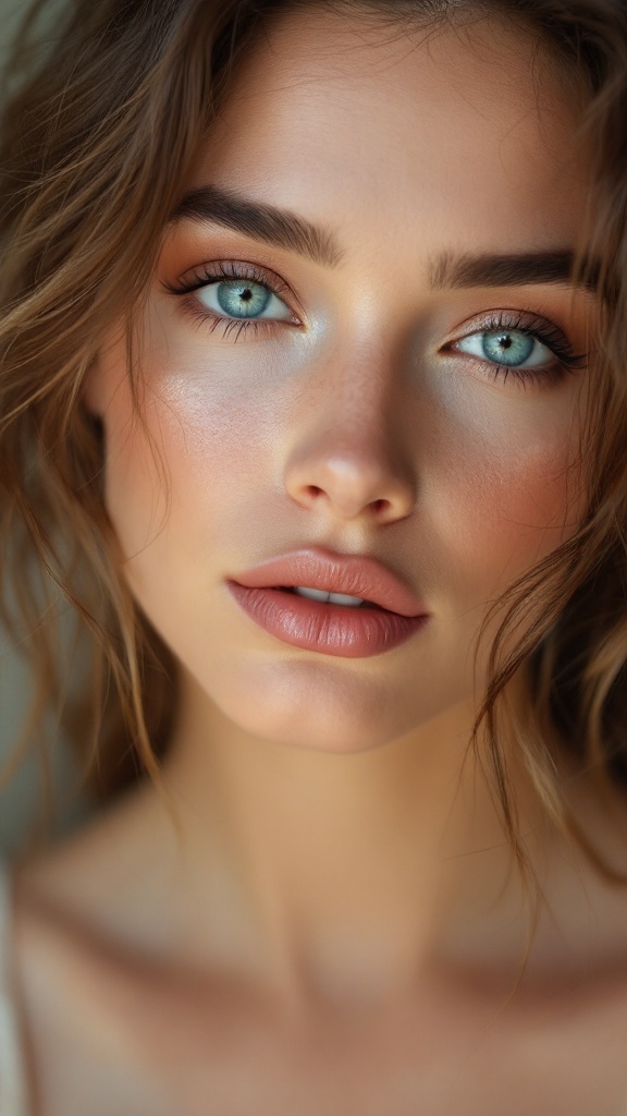 Close-up of a woman with blue eyes and earthy toned makeup, showcasing natural beauty