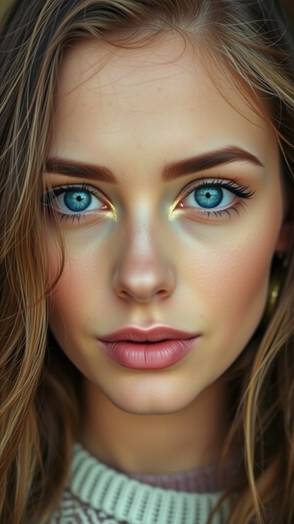 Close-up of a woman with blue eyes and makeup featuring earthy tones and gold accents.