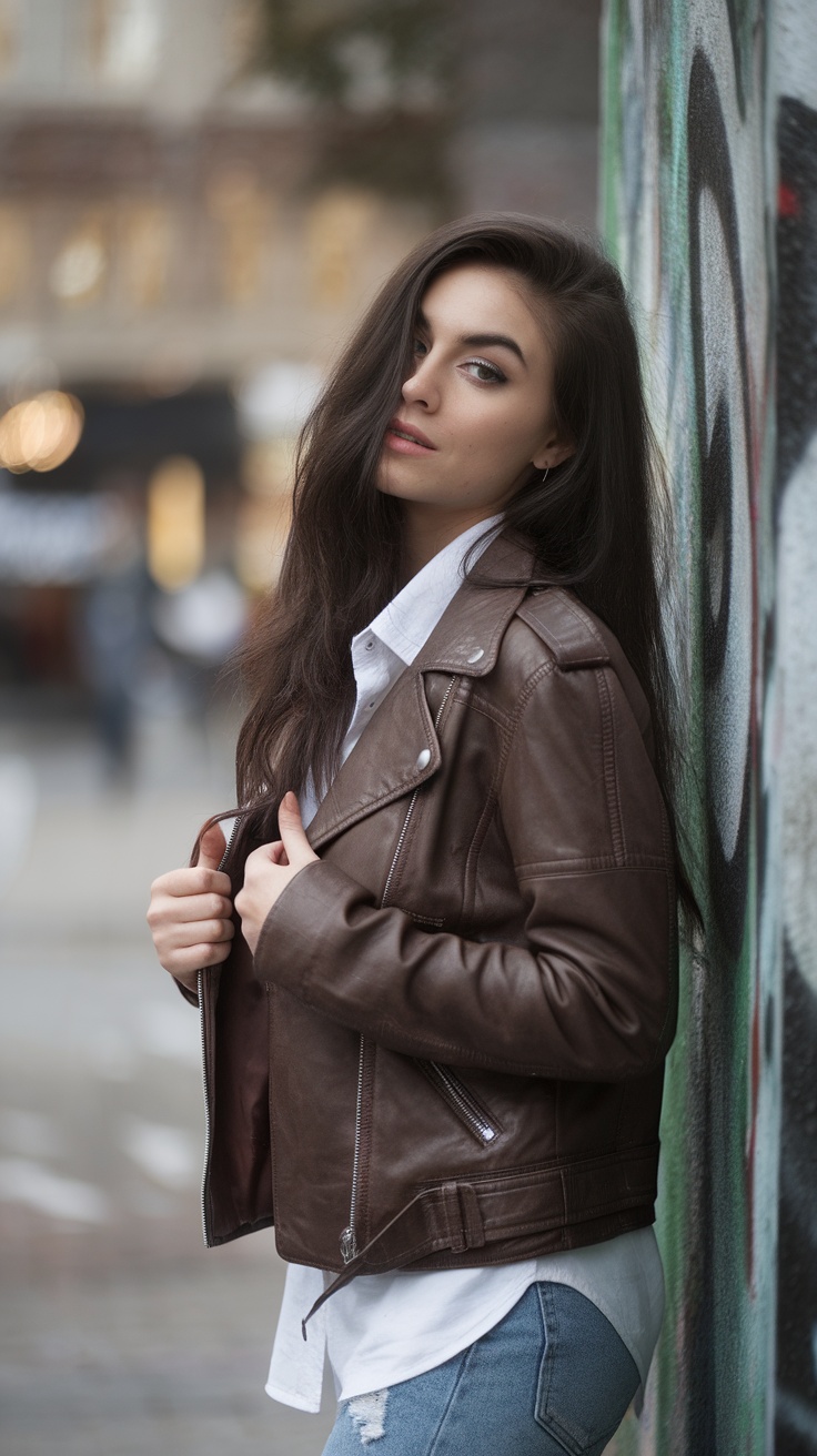 A woman wearing a brown leather jacket over a white shirt, posing against a graffiti wall.