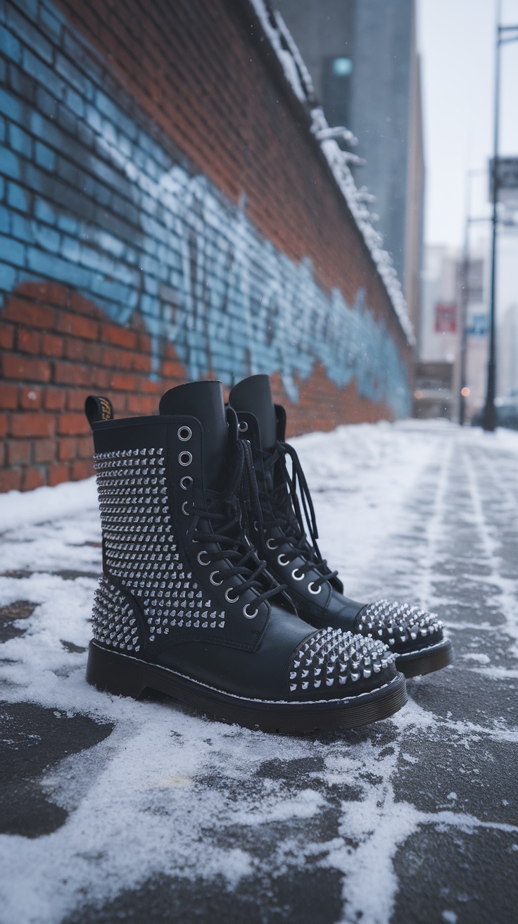 A close-up of black studded combat boots on a city sidewalk, showcasing their stylish design.