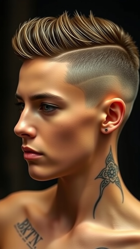 A close-up of a person with an edgy undercut hairstyle featuring designs shaved into the sides and longer hair styled on top.