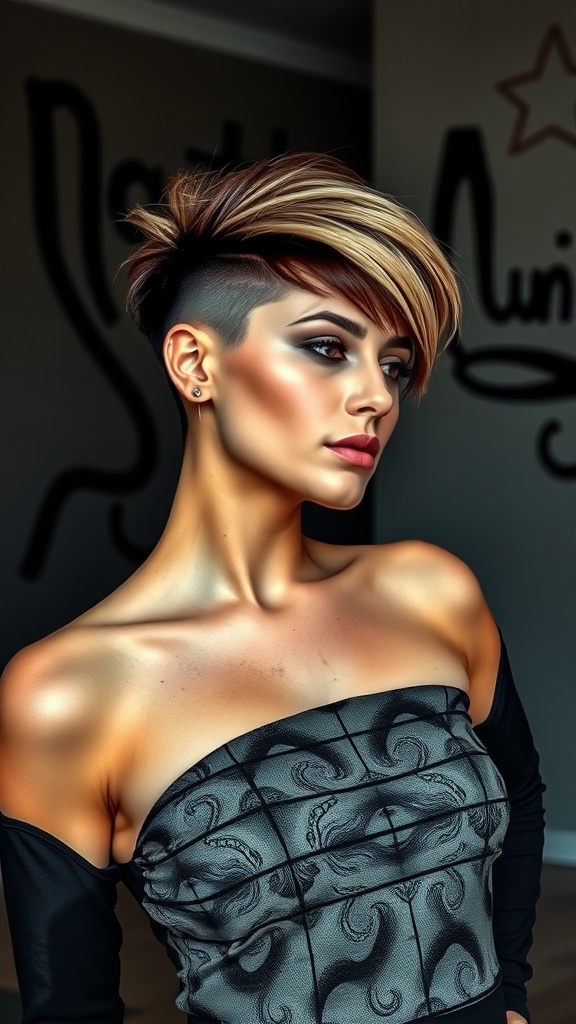 A woman with an edgy undercut hairstyle featuring a long top, styled in a modern and chic way.