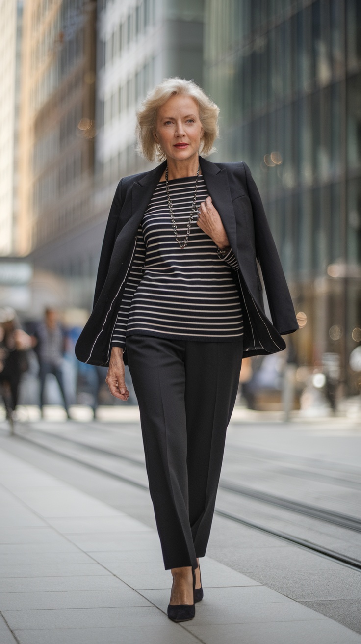 A stylish woman walks confidently in a tailored blazer and striped shirt, showcasing a chic and polished outfit.