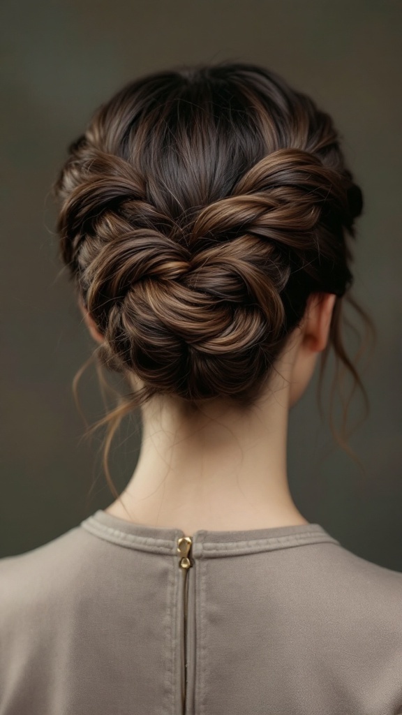 A close-up of an elaborate knotted updo hairstyle with loose tendrils framing the face.