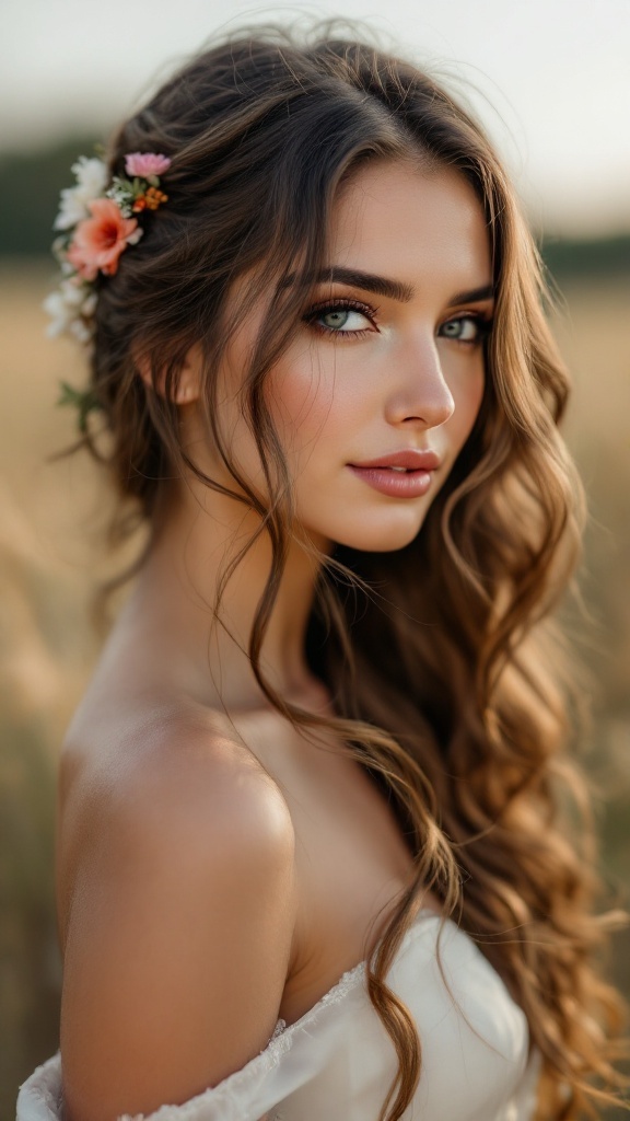 Bride with elegant loose waves and floral accents in her hair