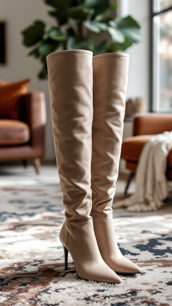 A pair of sleek black over-the-knee boots displayed on a patterned rug, emphasizing a modern and stylish winter look.