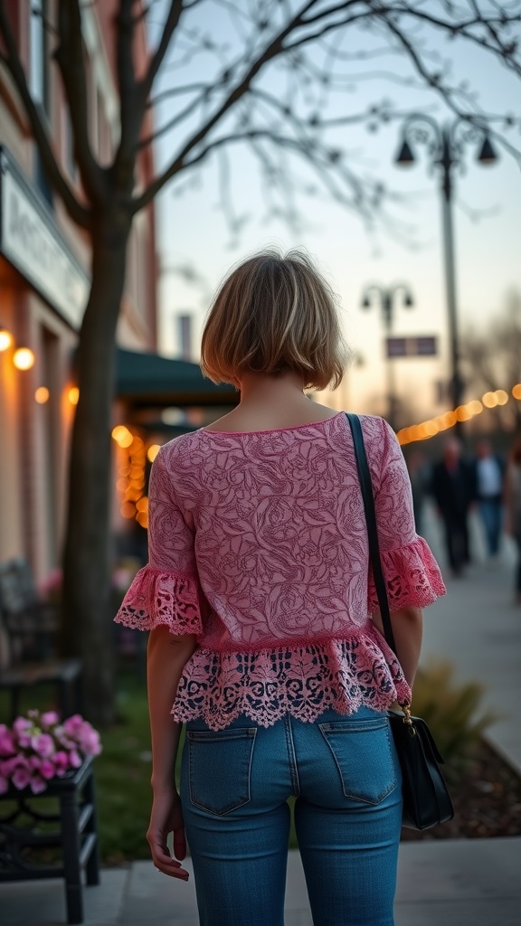 Woman wearing a pink lace top with denim jeans, walking in a spring setting