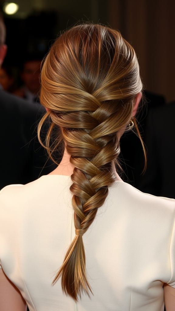 A close-up of an elegant side fishtail braid hairstyle.