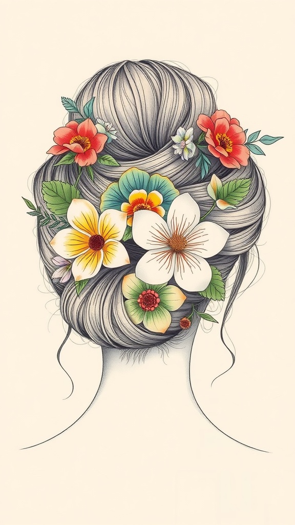 A detailed drawing of a woman's elegant updo hairstyle adorned with various colorful flowers.