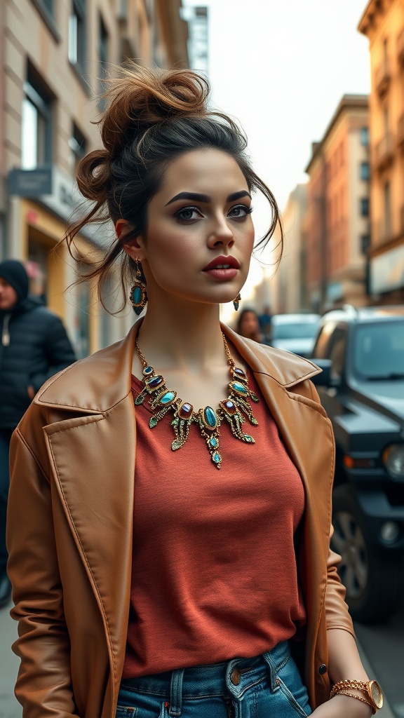 A woman wearing a statement necklace, with a casual outfit and urban background.