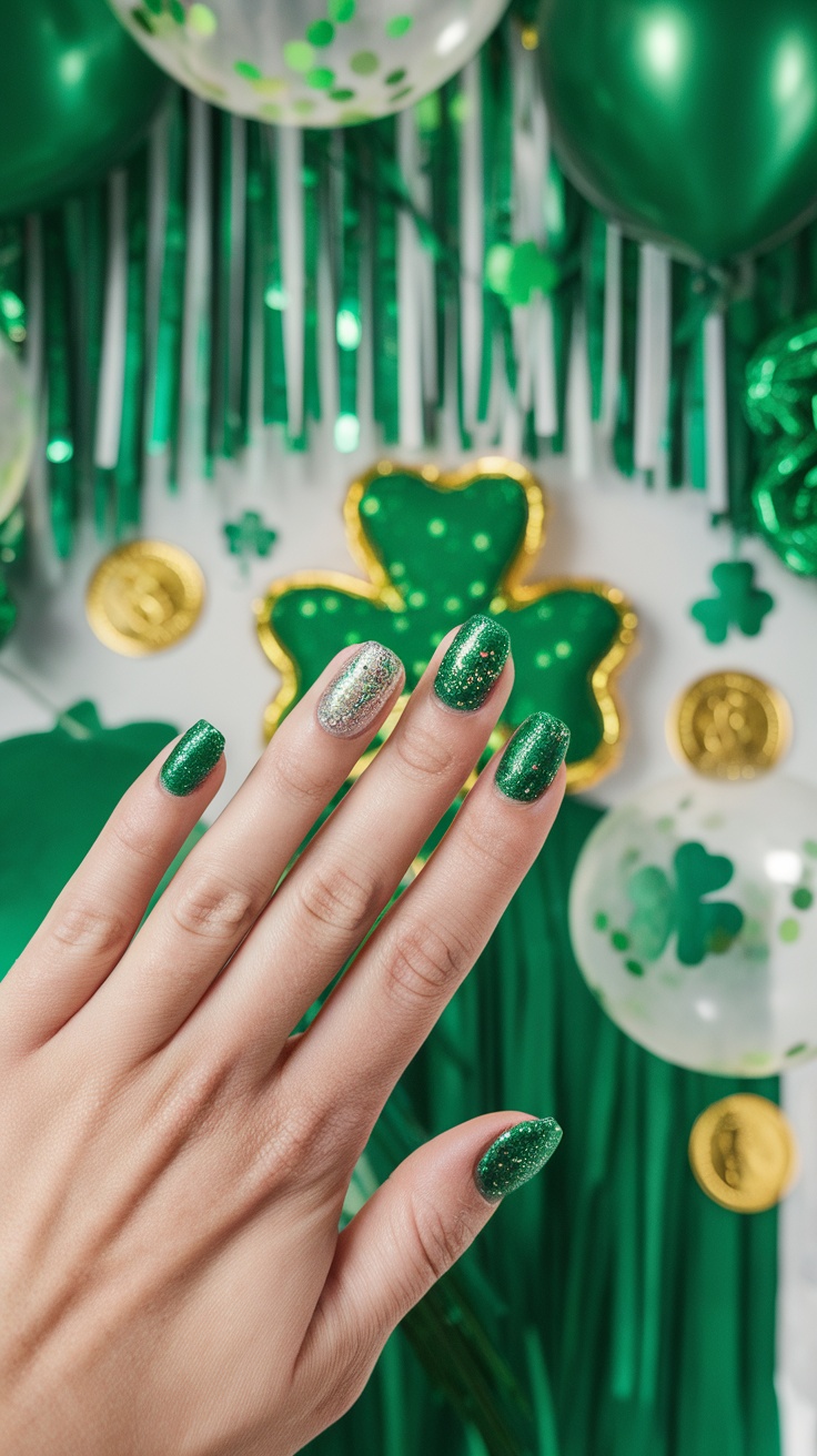 Emerald glitter nails with a mix of glossy and glittery finishes, perfect for St. Patrick's Day.