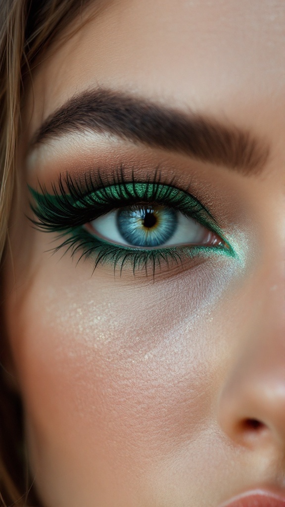 Close-up of a woman's eye with emerald green eyeliner and lush lashes, showcasing vibrant blue eyes.