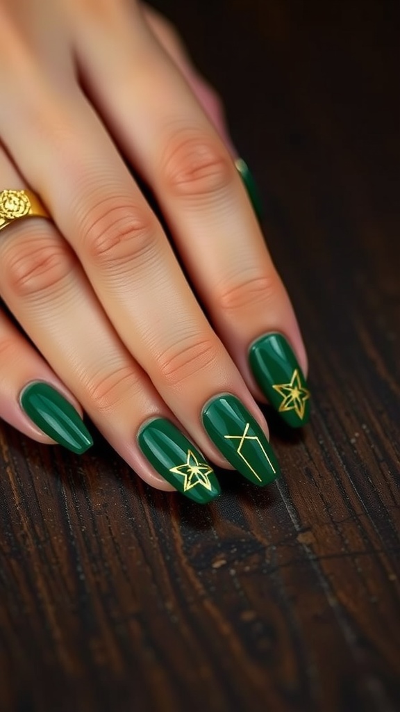 Nails painted emerald green with gold star and line accents