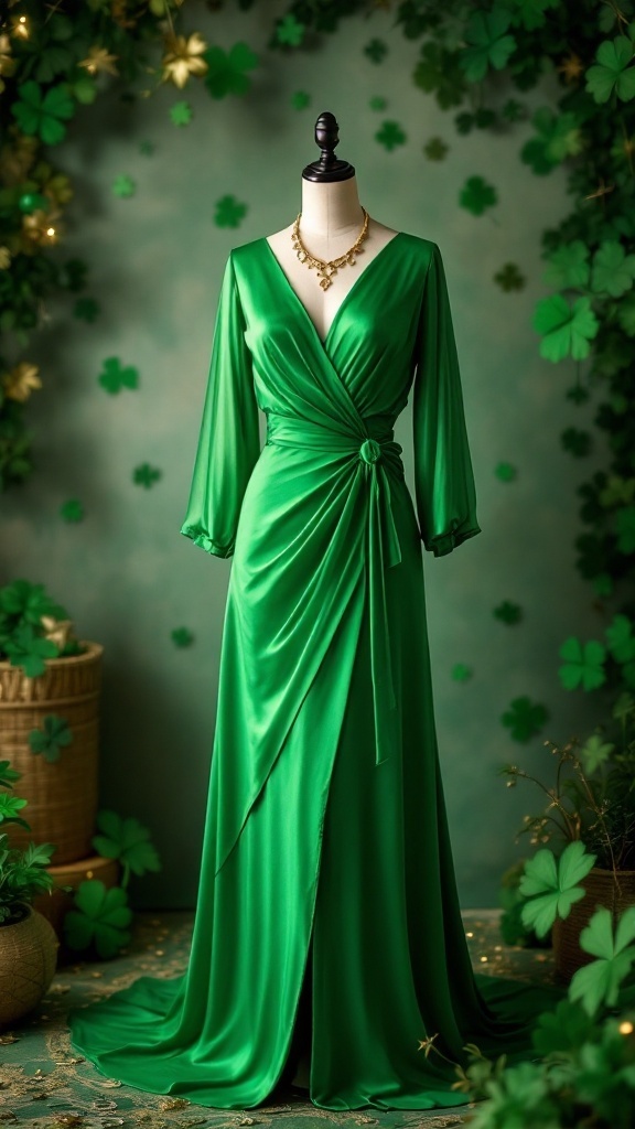 Emerald green wrap dress displayed on a mannequin, surrounded by shamrock decorations