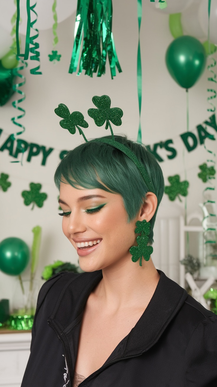 Woman with a green pixie cut and shamrock accessories for St. Patrick's Day.