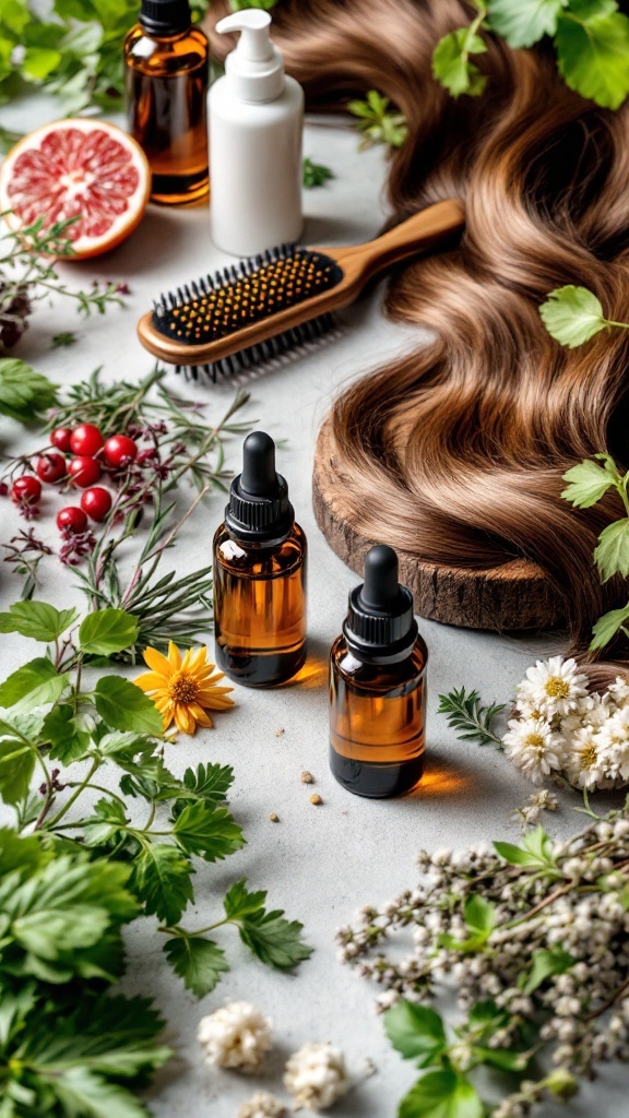 Bottles of essential oils surrounded by herbs and a hairbrush on a table.