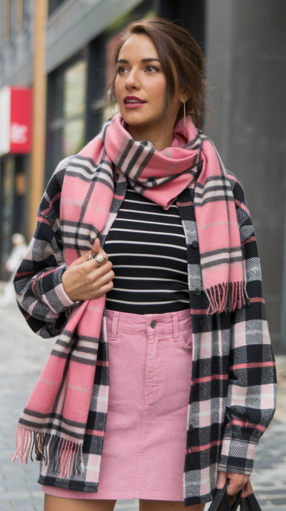 A slide image for a blog featuring a beautiful woman in a trendy fashion scene. The woman is wearing a pink and black plaid shirt, a black and white striped shirt layered over it, and a pink skirt. She is also wearing a pink and black plaid scarf around her neck. The background is a city street with buildings.