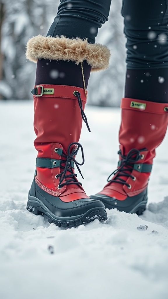 Stylish waterproof snow boots in red with faux fur lining, standing in the snow.