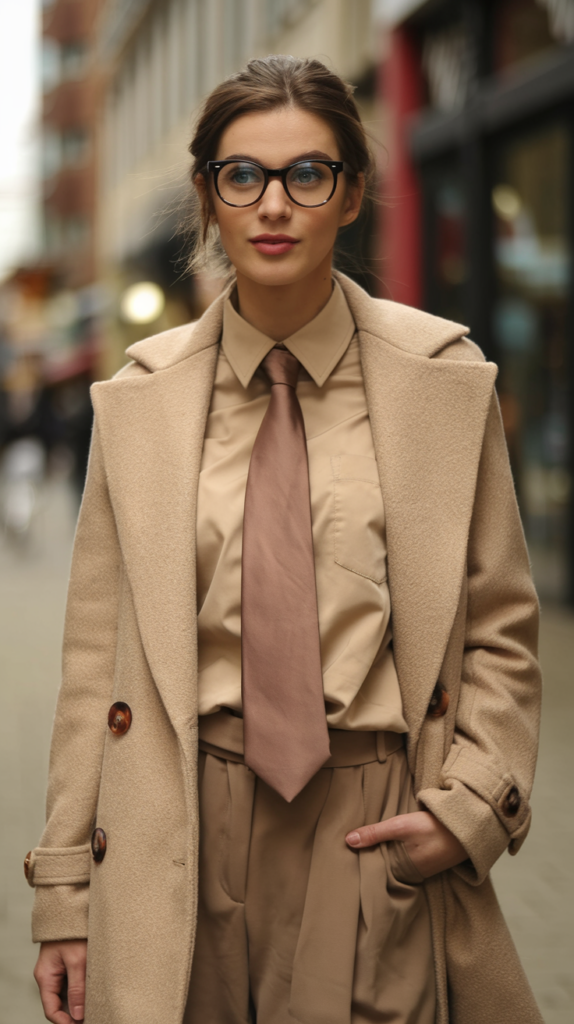 A photo of a beautiful woman wearing a trendy fashion outfit. She is wearing a beige coat with brown buttons, a beige shirt, and a brown tie. The woman has brown hair and is wearing a pair of glasses. The background is a city street with buildings. The overall image has a warm hue.