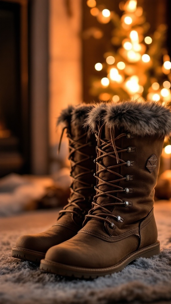 Faux fur lined winter boots next to a fireplace decorated for the holidays.