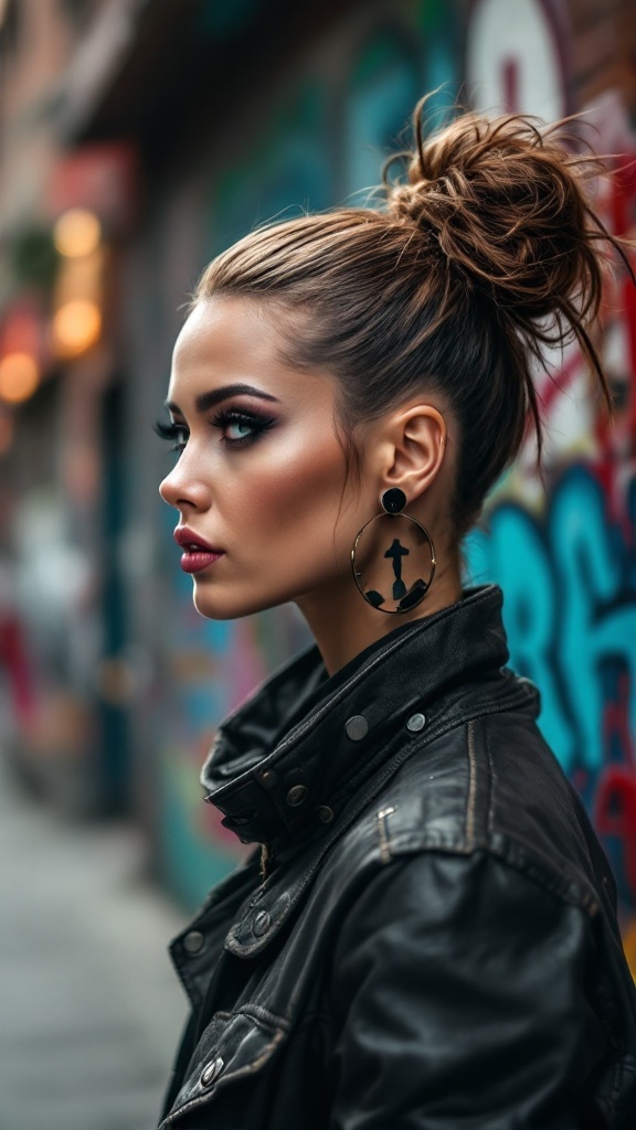 A woman with a faux hawk bun hairstyle, styled with a leather jacket and bold earrings, against a colorful graffiti background.