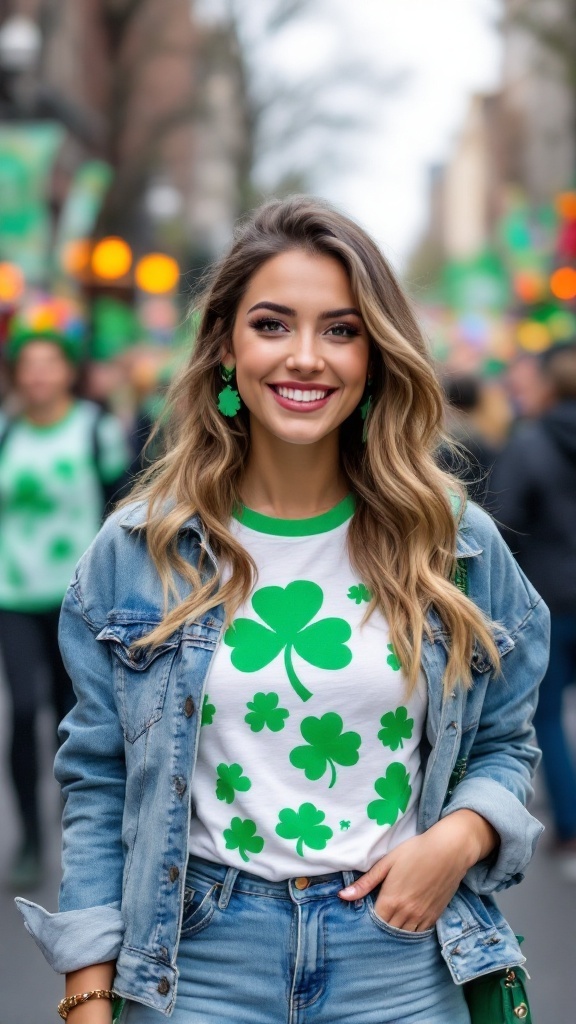 A woman wearing a festive graphic tee with shamrocks and a chic denim jacket, smiling during St. Patrick's Day celebrations.