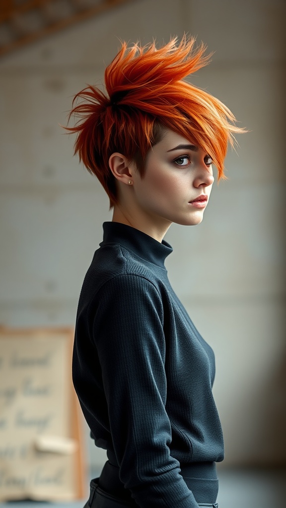 A person with a fiery red pixie cut, styled in a spiky manner, wearing a black turtleneck in a modern setting.