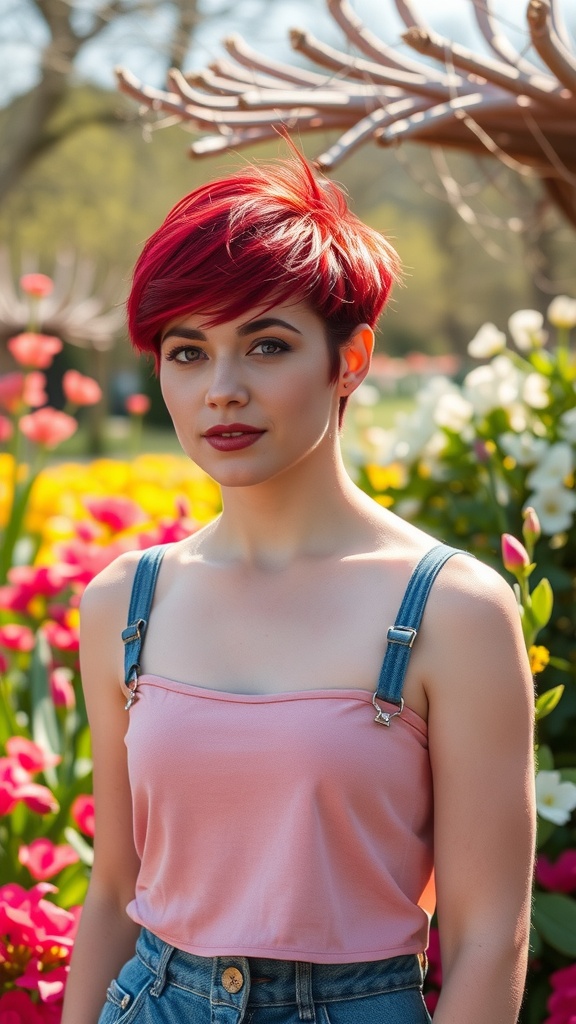 Woman with a fire engine red pixie cut standing among colorful flowers