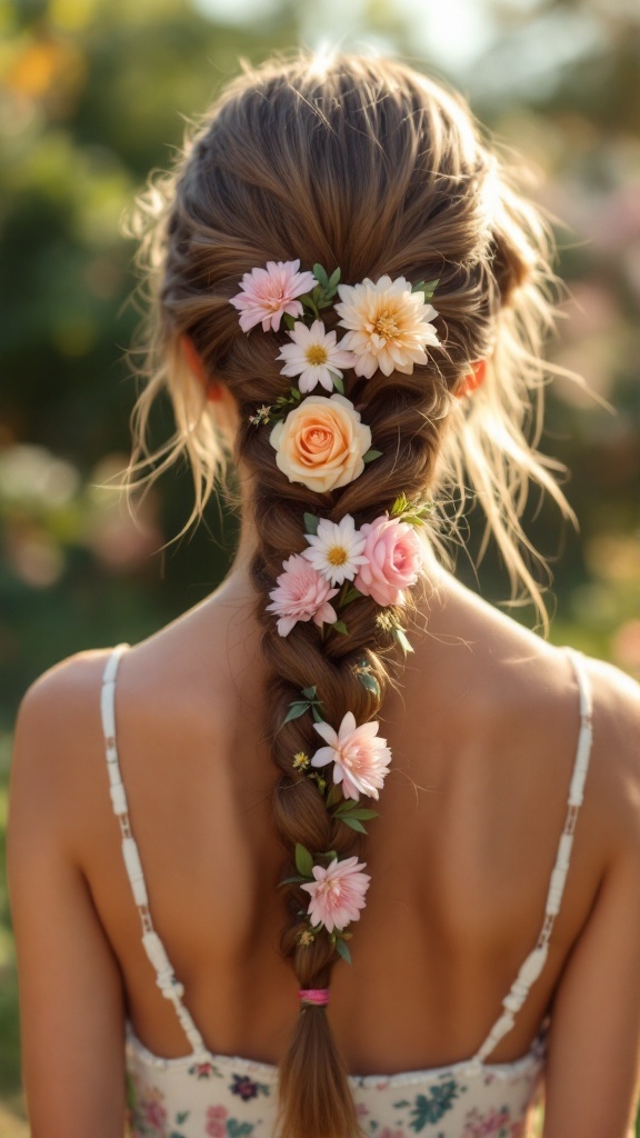 A fishtail braid adorned with cascading flowers, showcasing a romantic wedding hairstyle.