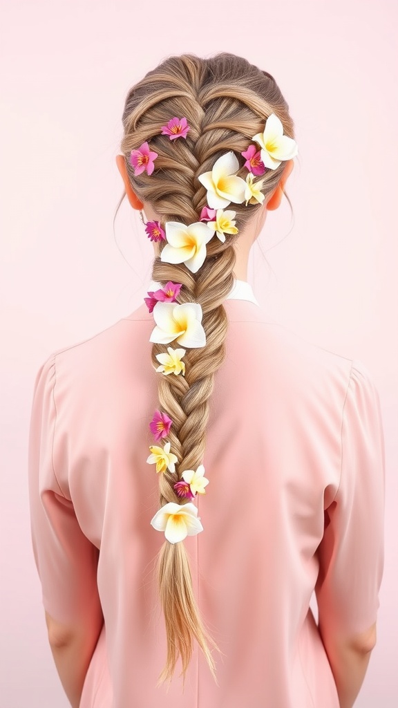 A fishtail braid with colorful flowers, showcasing a stylish and playful hairstyle.