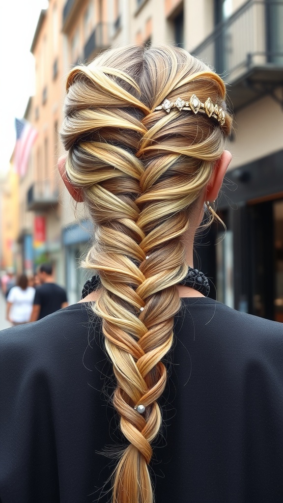 A close-up of a fishtail braid adorned with hair accessories.