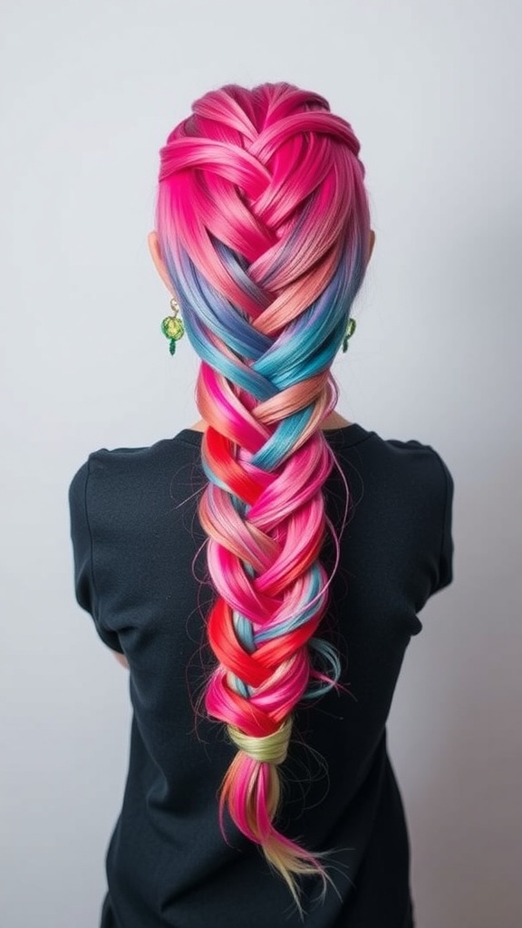 A vibrant fishtail braid featuring a mix of pink, blue, and yellow colors.