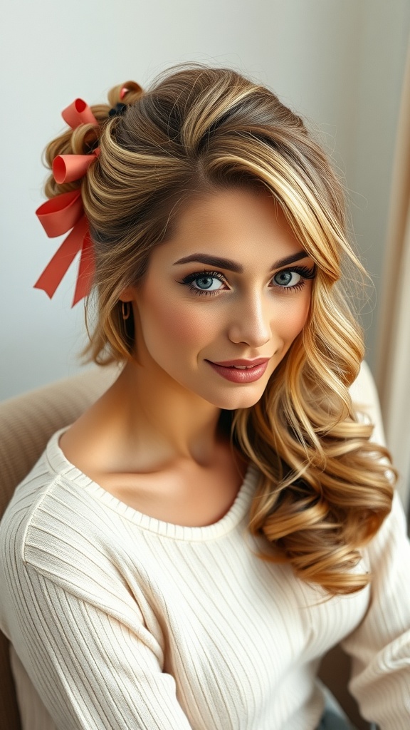 A woman with half-up half-down hairstyle featuring curls and a ribbon accessory.