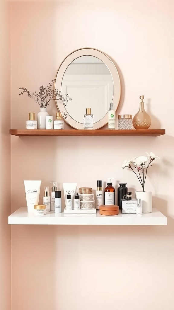 A floating shelf beauty bar with skincare products and a mirror against a soft pink wall.