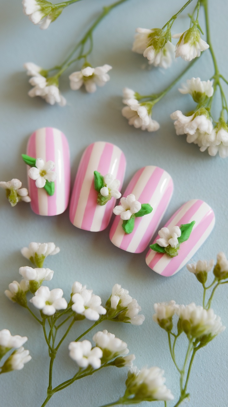 Nail art featuring pink and white striped nails with floral accents and green leaves, surrounded by small white flowers.