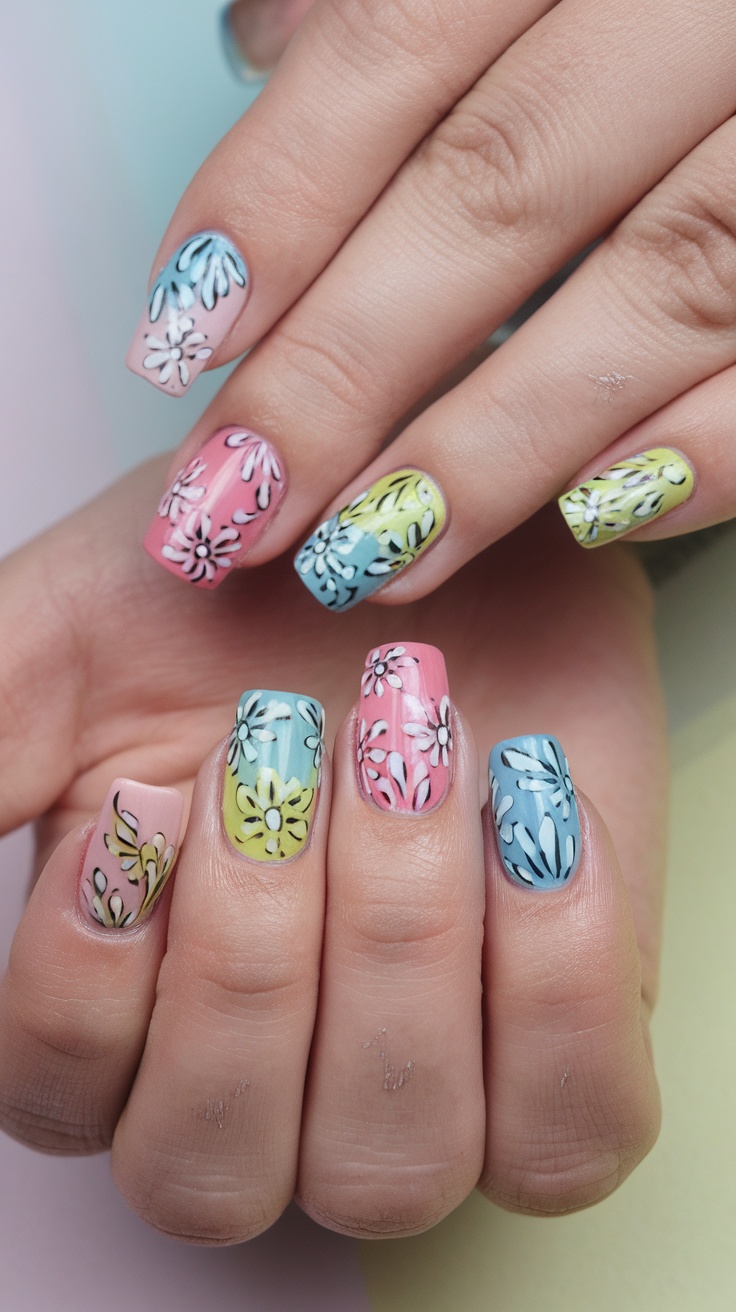 Colorful nails with floral designs in pink, blue, and yellow shades.