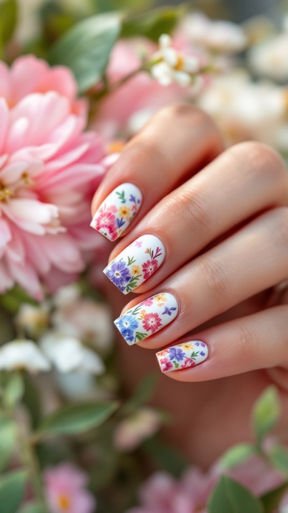 A hand with floral nail art, featuring colorful flowers on a light background