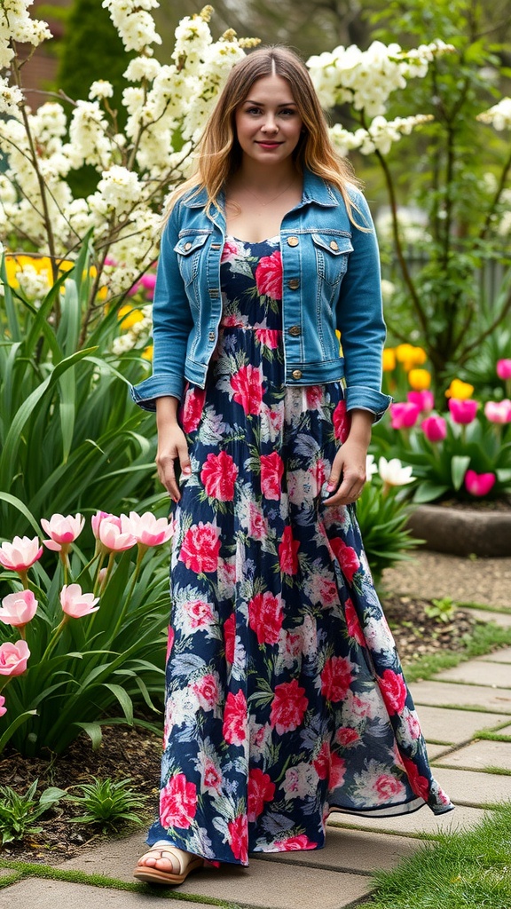 A woman in a floral maxi dress and denim jacket, standing in a garden filled with flowers.