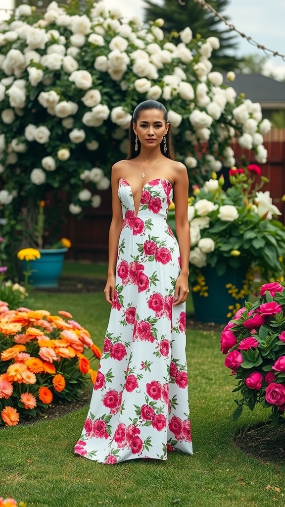 A woman in a floral maxi dress with pink accents standing in a vibrant garden.