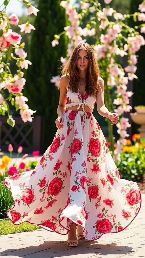 A floral maxi skirt on a sunny day surrounded by colorful flowers.